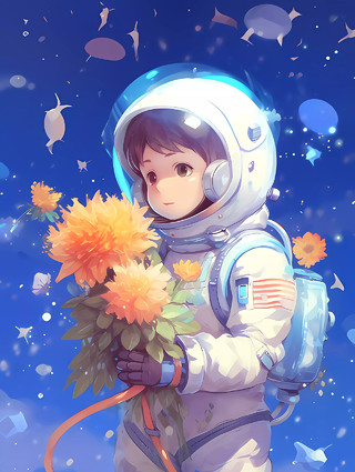 卡通小宇航员手拿花朵探索太空的场景图